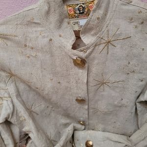 Gene Ewing Bis Linen Dress size P/0 Gold Embroidery
